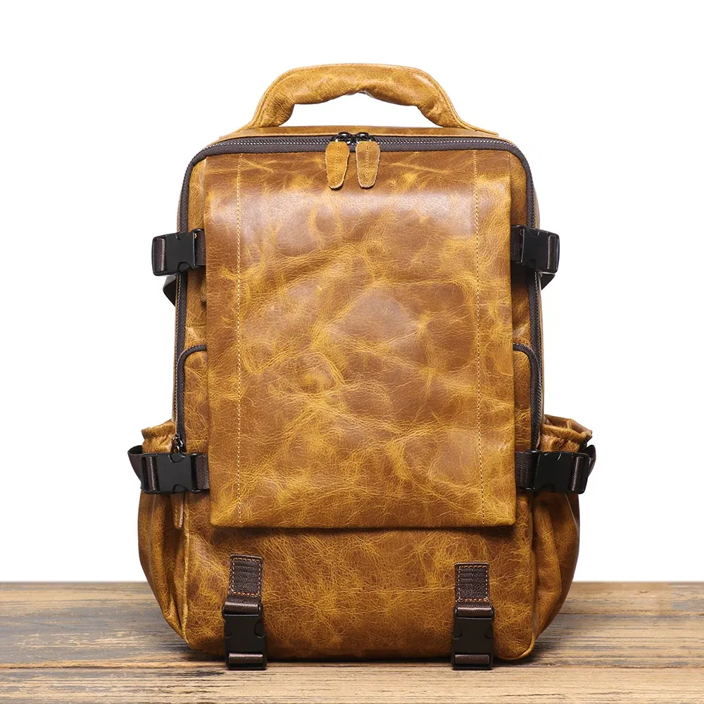 Color: Brown - LUOKIR New Men's Genuine Leather Travel Backpack Women's Cowhide School Bag Large Capacity Backpack Original Double Shoulder Bag - Image 4
