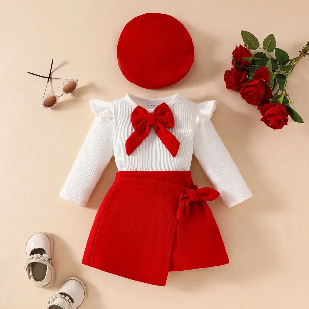 Color: LIGHT BLUE, Kid Size: 4T - Baby Girls Clothes New Year Set 0-3Y Long Sleeve Big Bow Top Irregular Skirt and Beret 3Pcs Toddler Christmas Clothes - Image 2