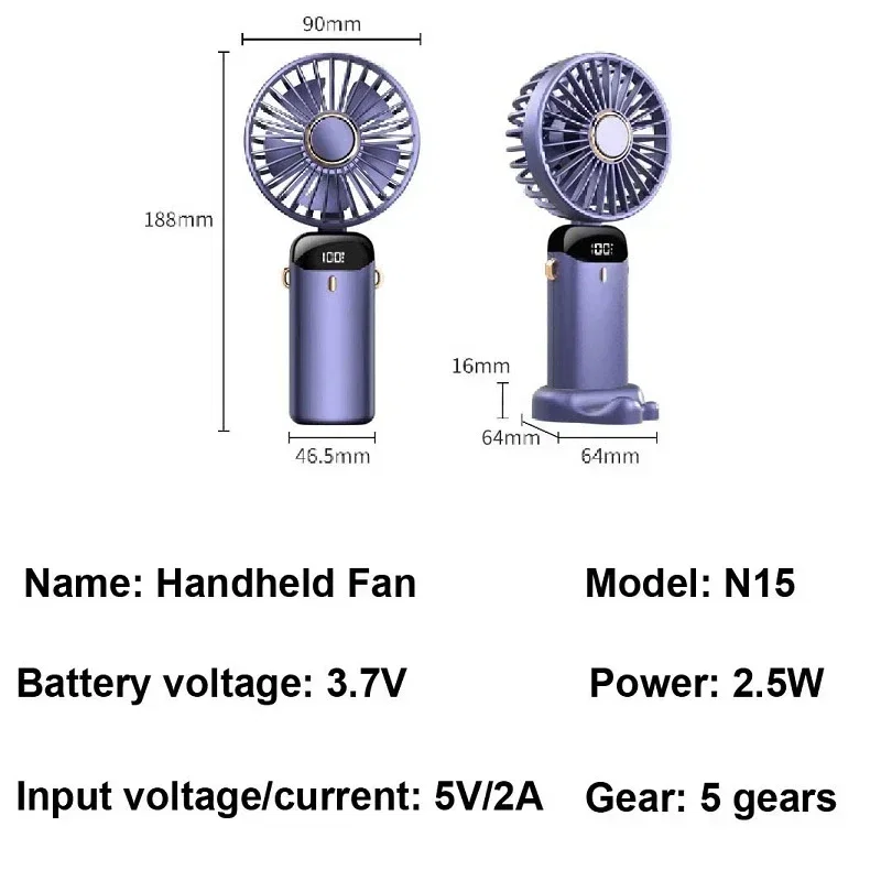 Color: Dark Green - Handheld Mini Fan 3000mAh Foldable Portable Neck Hanging Fans 5 Speed USB Rechargeable Fan with Phone Stand and Display Screen - Image 7