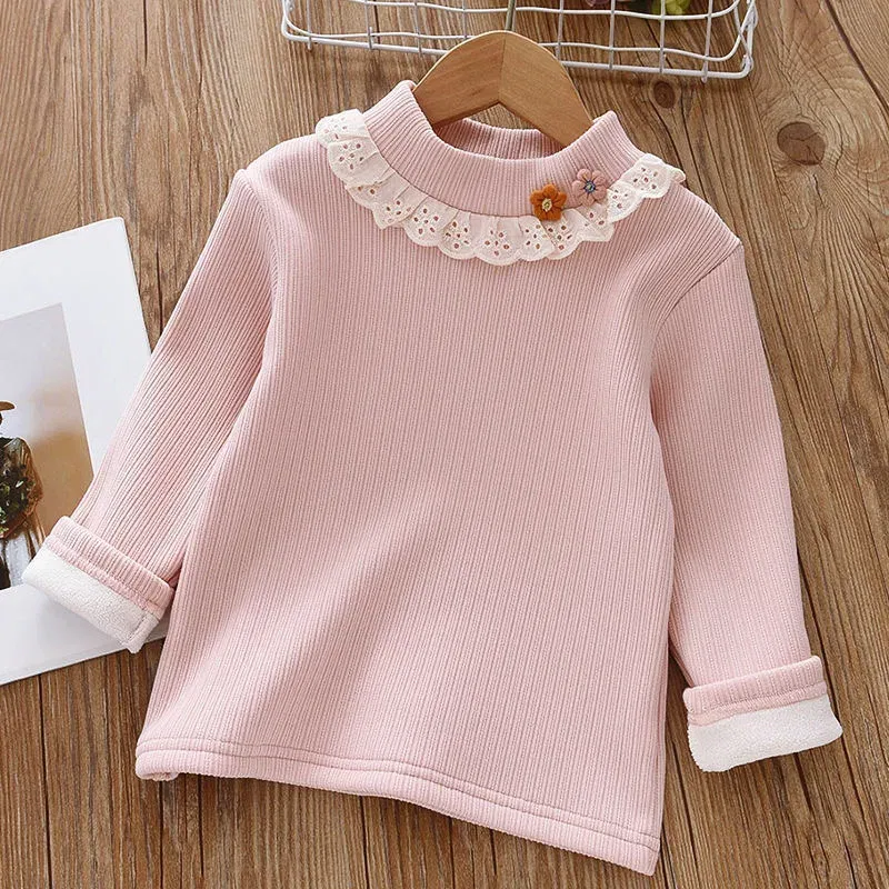 Color: Blue, Kid Size: 2T - 1pcs Children's T-Shirts Flower Decoration Velvet warm top Kids Half High Collar Long Sleeve Base Shirt Girls Tshirts Clothes