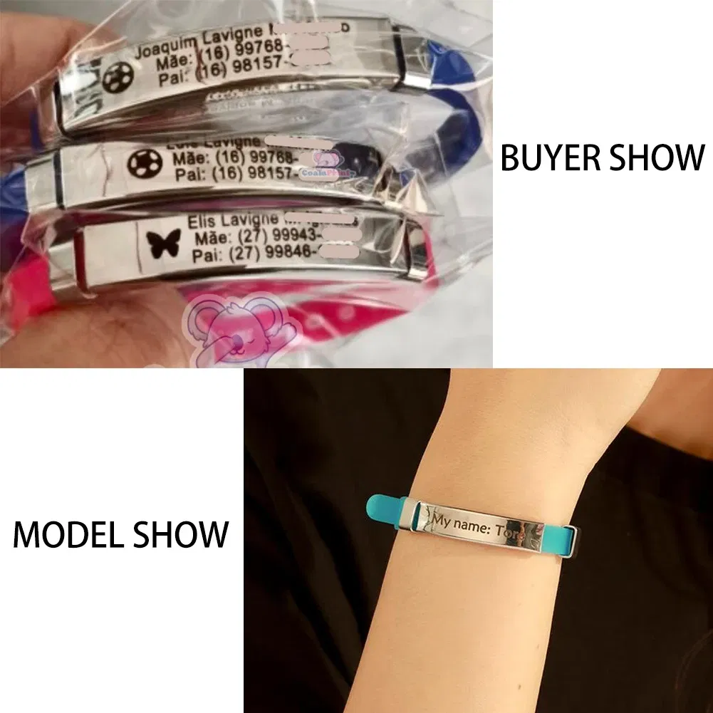 Metal Color: Dark Gold, Length: 17cm - Personalized ID Bracelet Kids Children Adjustable Soft Silicone Stainless Steel Pendant Emergency Name Phone Custom Bracelets