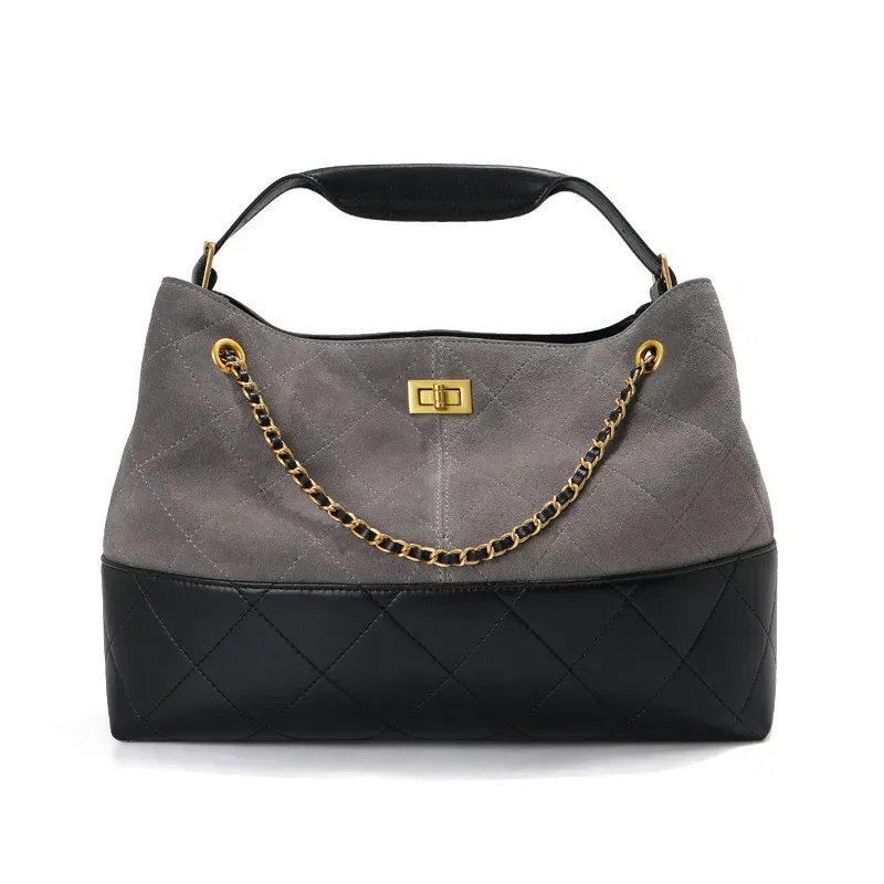 Color: Beige - Ladies' Genuine Leather Bag 2025 Matte Leather Diamond Pattern Vintage Chain Bucket Bag Contrast Color Shoulder Bag Handbag