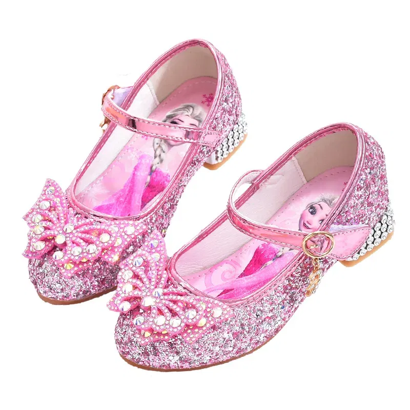 Color: Pink, Shoe Size: 30 - Disney Princess Elsa Leather Shoes Girls' High Heels Shoes Fashion Girls' Crystal Shiny Children's Blue Pink Shoes Size 26-35 - Image 5