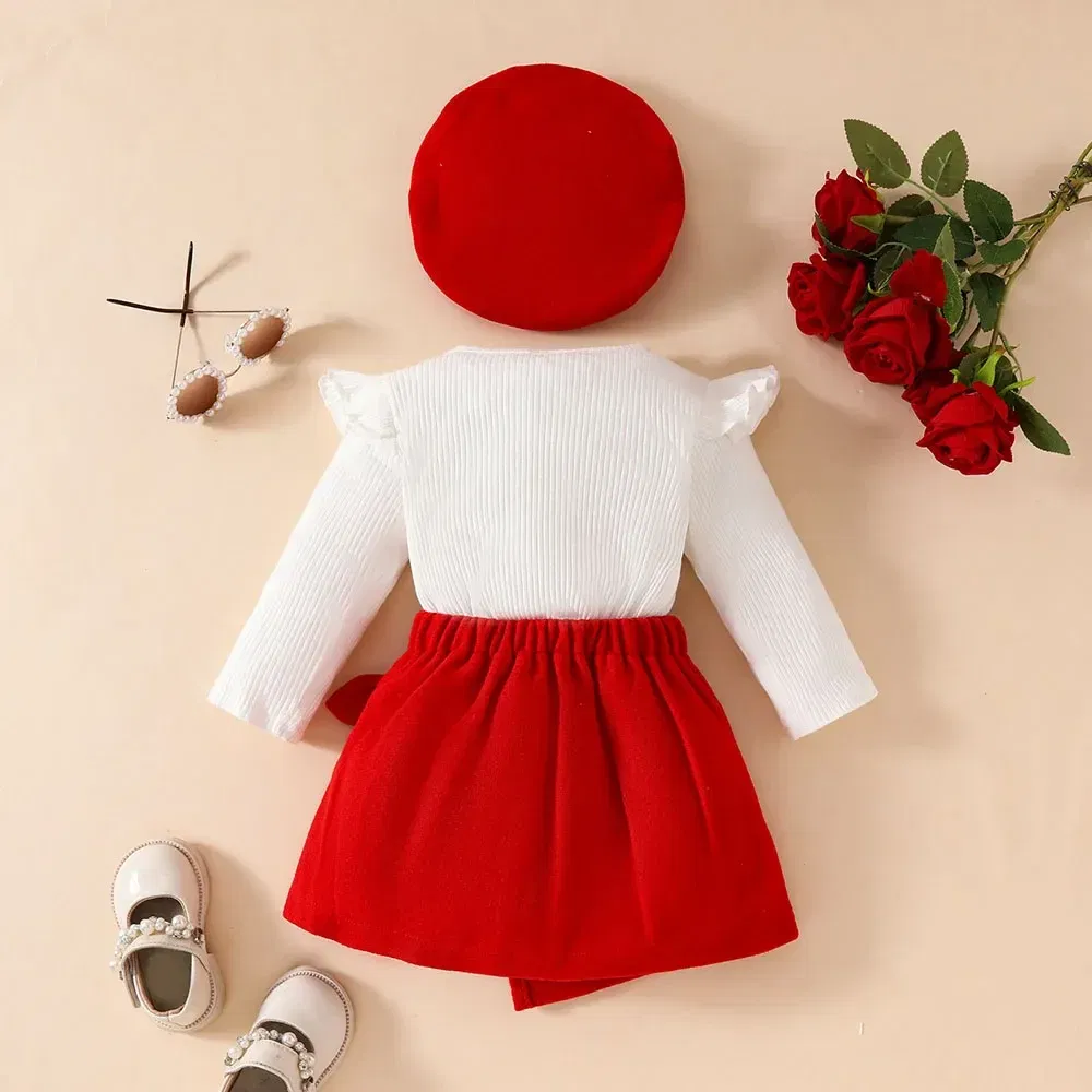 Color: LIGHT BLUE, Kid Size: 4T - Baby Girls Clothes New Year Set 0-3Y Long Sleeve Big Bow Top Irregular Skirt and Beret 3Pcs Toddler Christmas Clothes - Image 4