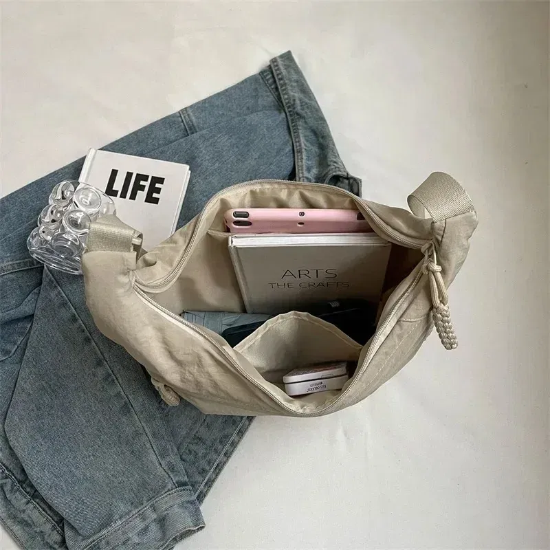 Color: GRAY - Trendy Women's Soft Cloth Shoulder Bag Solid Color Student Casual Style Big Handbags Crossbody Bags for Women Shoulder Hobos Bag - Image 5