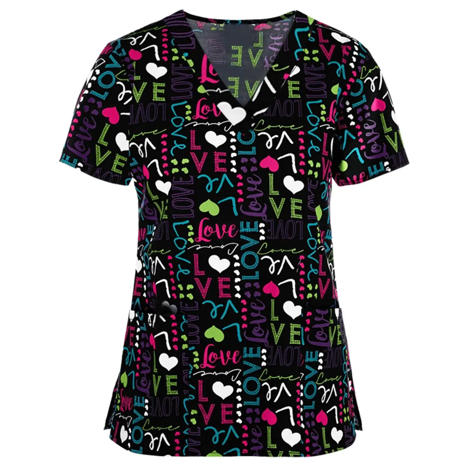 Color: black, Size: L - Women Working Uniform Animal Print Cartoon Cat Dog Short Sleeve V-neck Tops Femme Blouse Nurse work wear Medical Uniforms