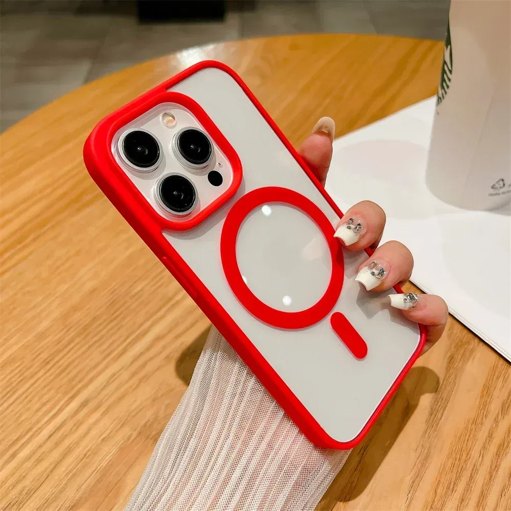 Color: Red, Material: aluminum - Luxury Shockproof Magsafe Wireless Charge Case for iPhone 17 Air 16 15 14 Plus 13 12 Mini 11 Pro Max Clear Magnetic Bumper Cover