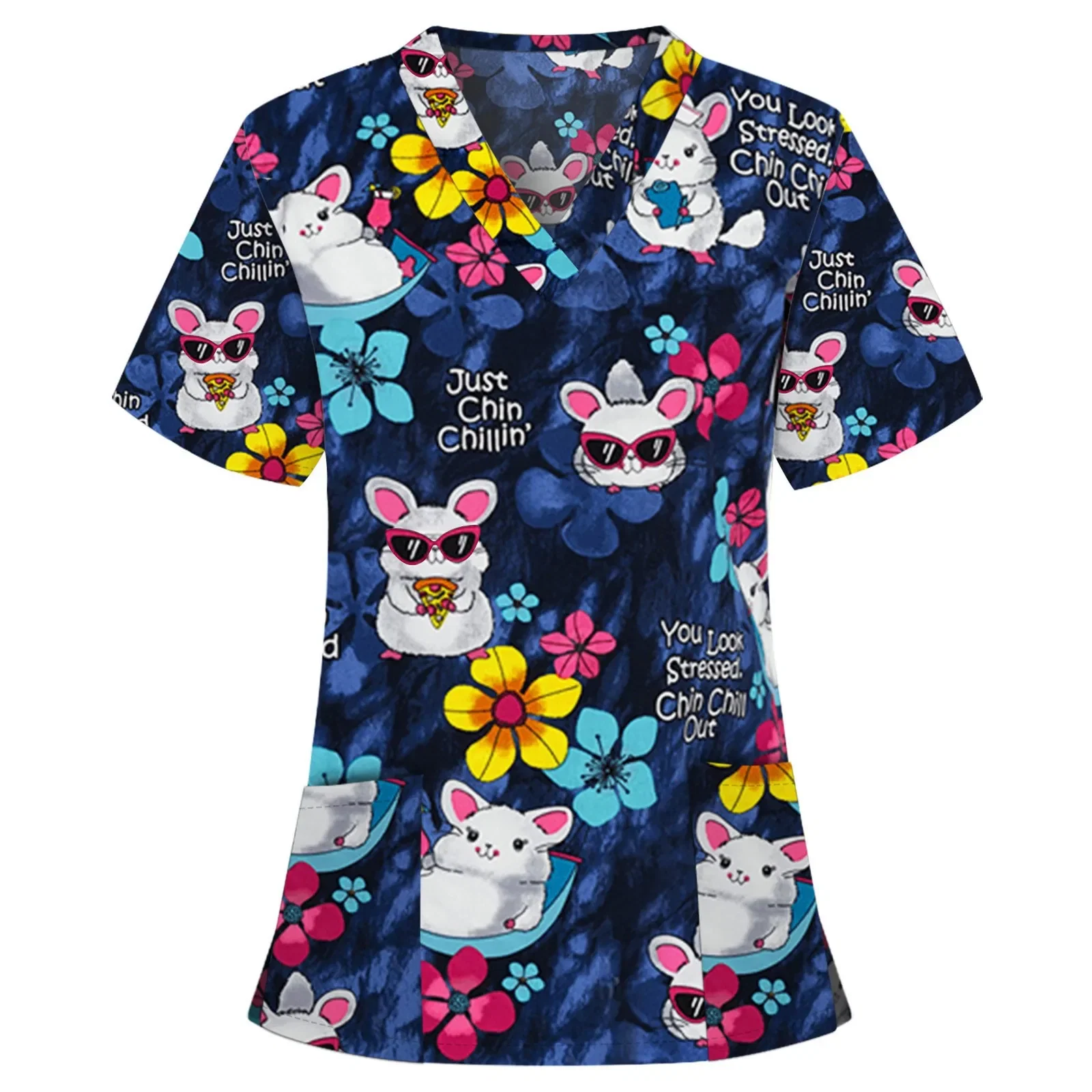 Color: army green, Size: S - Women Working Uniform Animal Print Cartoon Cat Dog Short Sleeve V-neck Tops Femme Blouse Nurse work wear Medical Uniforms