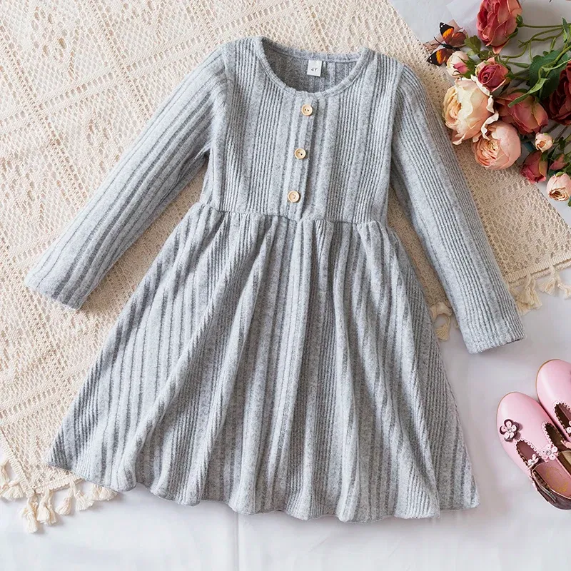Color: GRAY, Kid Size: 8 - Autumn and Winter Girls Knitted Sweater Dress Solid Color Soft Long Sleeve Dress Children Christmas Costume Birthday Casual Wear 5