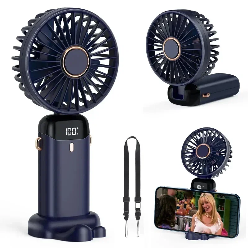 Color: Dark Green - Handheld Mini Fan 3000mAh Foldable Portable Neck Hanging Fans 5 Speed USB Rechargeable Fan with Phone Stand and Display Screen - Image 2