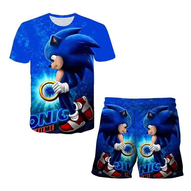 Color: Pink, Size: M - New Japanese cartoon Sonic T-shirt children's top T-shirt shorts two-piece set summer boy cartoon cute T-shirt+beach pants - Image 6