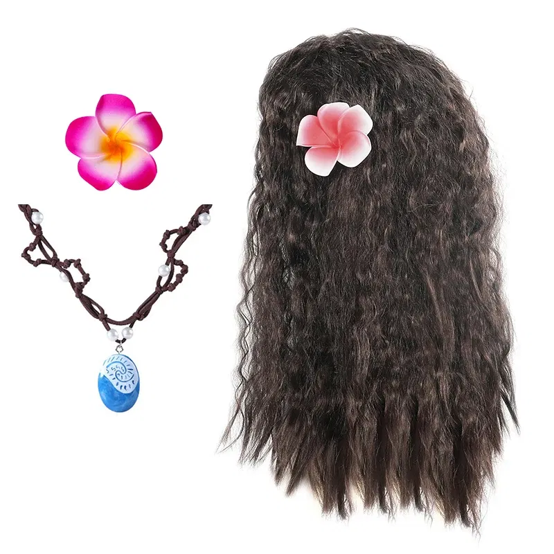 Color: black - Gilrs New Movie Moana 1&2 Wig and Necklace Flower Clip Dress Up Set Vaiana Costume Accessories Moana Pet Pig and Cock Xmas Gift 4