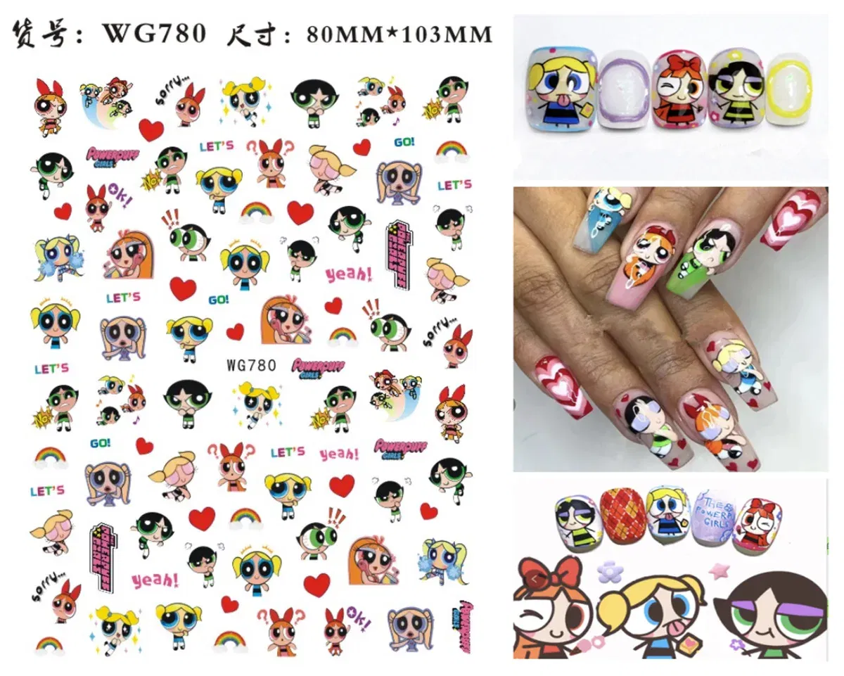 Color: PURPLE - Miniso Cartoon Girl 3D Adhesive Nail Stickers Nail Art Accessories Pikachu Barbie Princess Stickers For Nails Nail Decoration