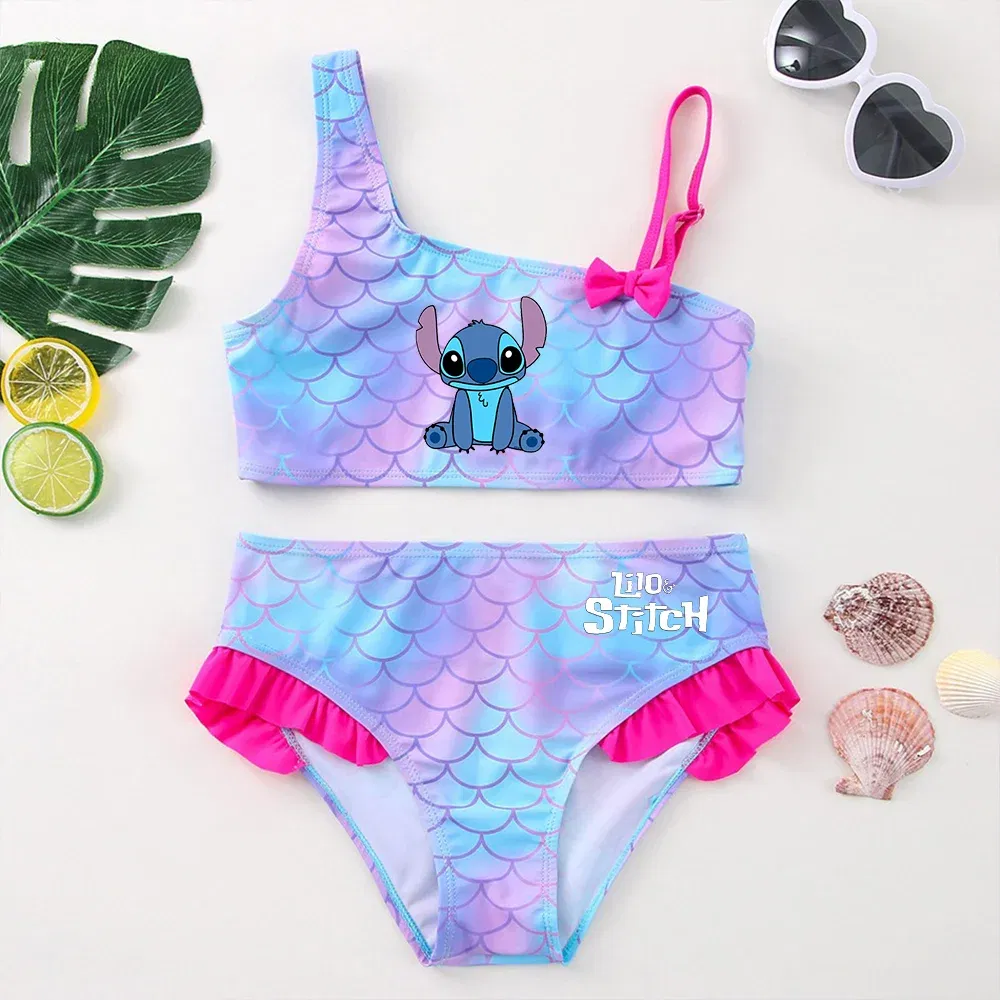 Color: Lavender, Size: L - Lilo Stitch Girls Swimsuit One-Piece Bathing Suits Kids Wear Fashion Mermaid Fish Children's Dresses Summer Swimwear Beach Suit
