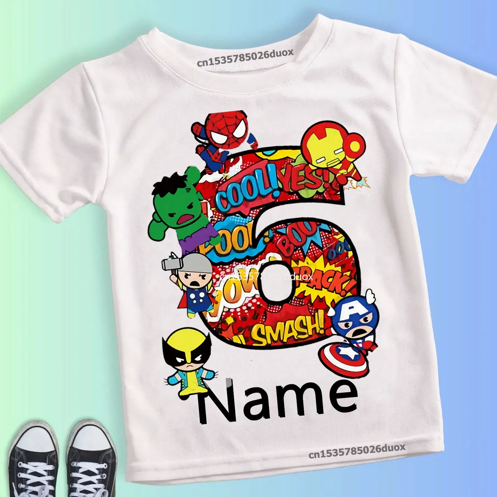 Color: black, Kid Size: 3T?€?€·?¤–?‰ - Summer 2024 3 4 5 6 7 8 9 Marvel SuperHero Birthday Girl Short Sleeved T-shirt The Avengers Personalize Name Birthday Boy Shirt - Image 2