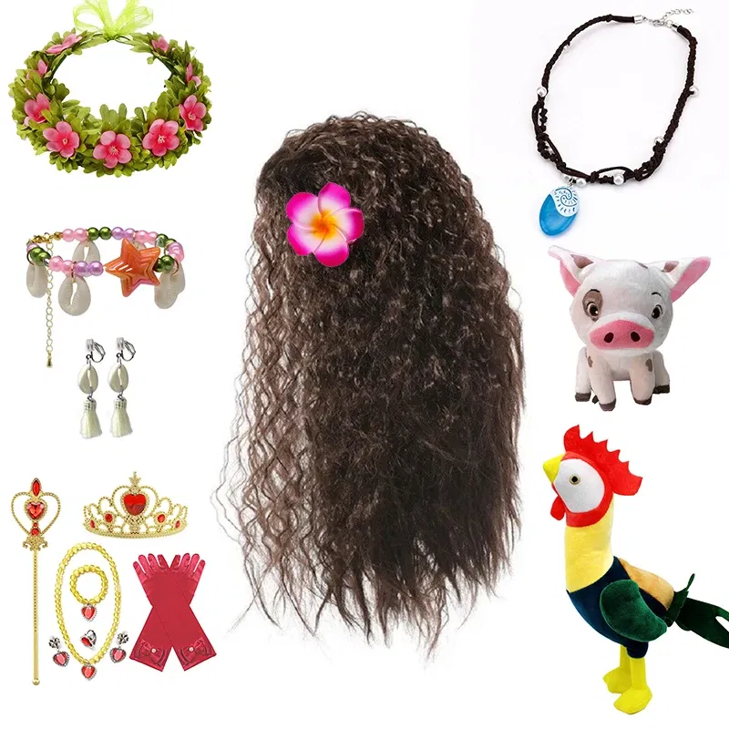 Color: black - Gilrs New Movie Moana 1&2 Wig and Necklace Flower Clip Dress Up Set Vaiana Costume Accessories Moana Pet Pig and Cock Xmas Gift 2