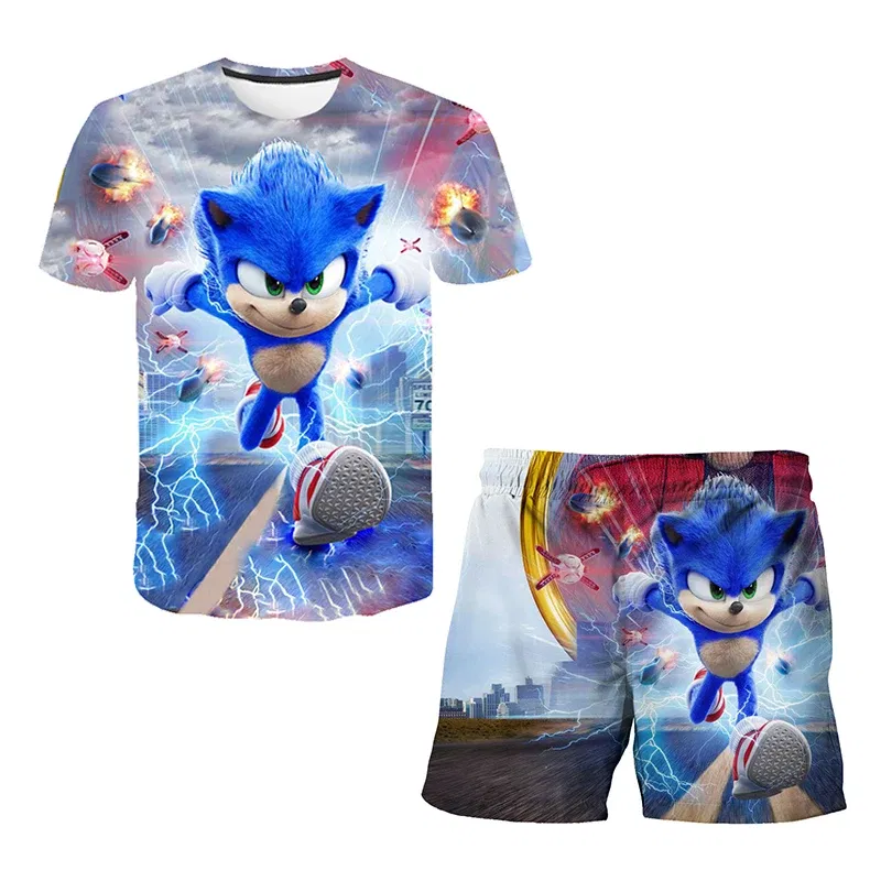 Color: Pink, Size: M - New Japanese cartoon Sonic T-shirt children's top T-shirt shorts two-piece set summer boy cartoon cute T-shirt+beach pants - Image 3