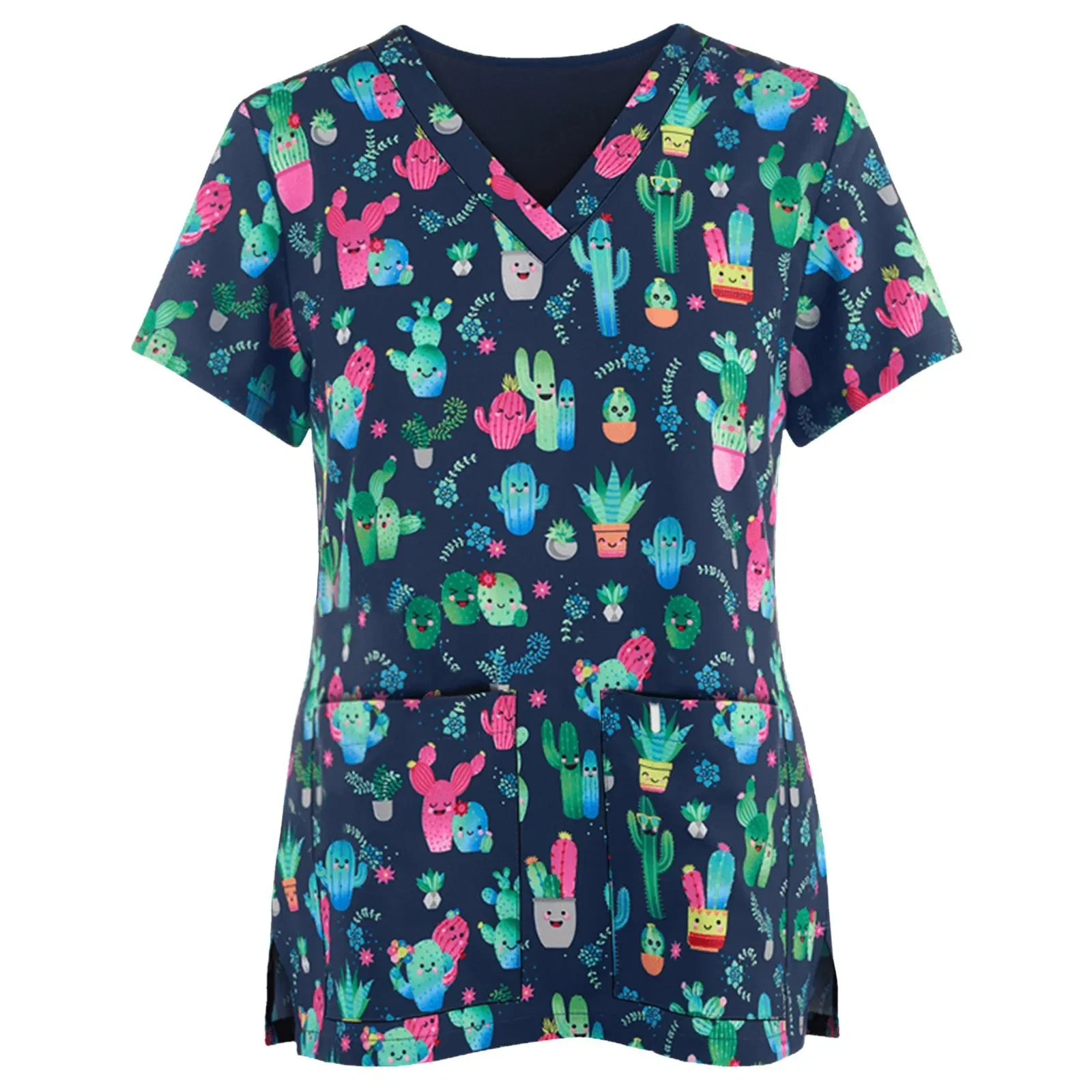 Color: Brown, Size: S - Women Working Uniform Animal Print Cartoon Cat Dog Short Sleeve V-neck Tops Femme Blouse Nurse work wear Medical Uniforms