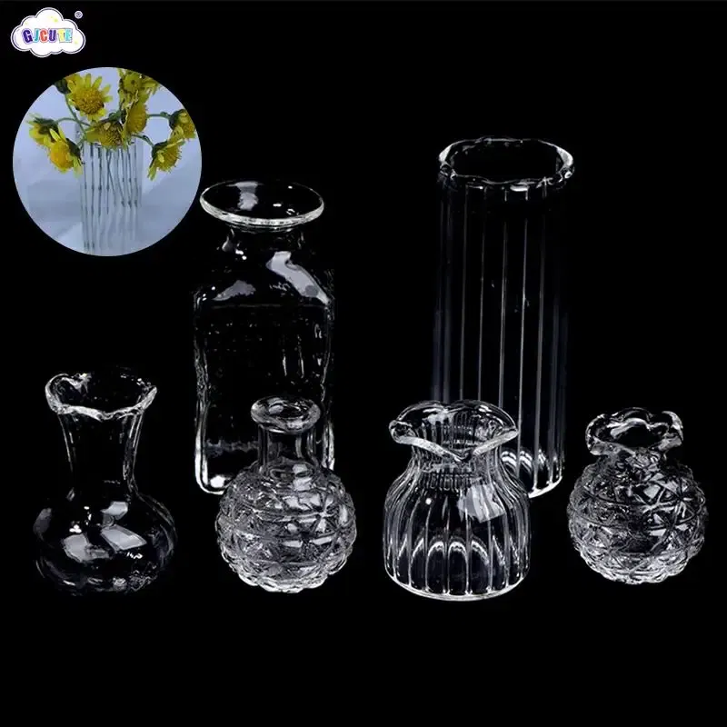 Color: plum - 1:12 Dollhouse Miniature Flowerpot Vase Glass Basin Play Scene Model DIY Glass Bottle Vase For Doll House Decor Toys