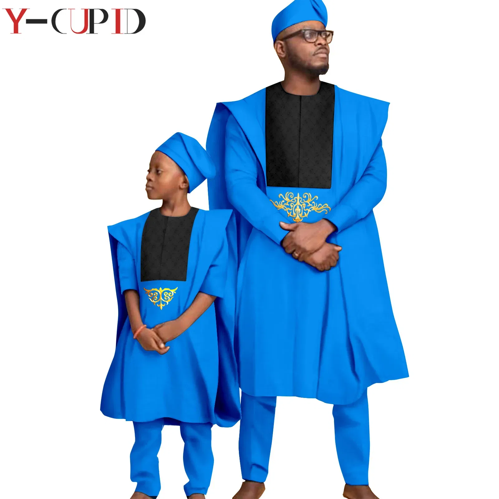 Color: MULTI, Size: Mother 6XL - African Clothes for Men Top Pants Robes Hat Sets Match Kid Boy Sets Dashiki Father and Son Bazin Riche Family Outfits Y20F001 - Image 7