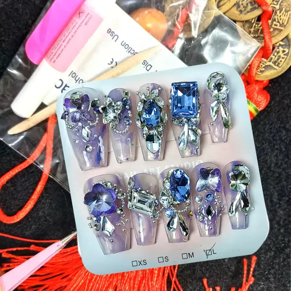Color: APRICOT - 10Pcs Box-Packed Multicolored Crystal Press on Nails Bright Color Artificial Embellishment dDiamond Elegant Nail Art Enhancement