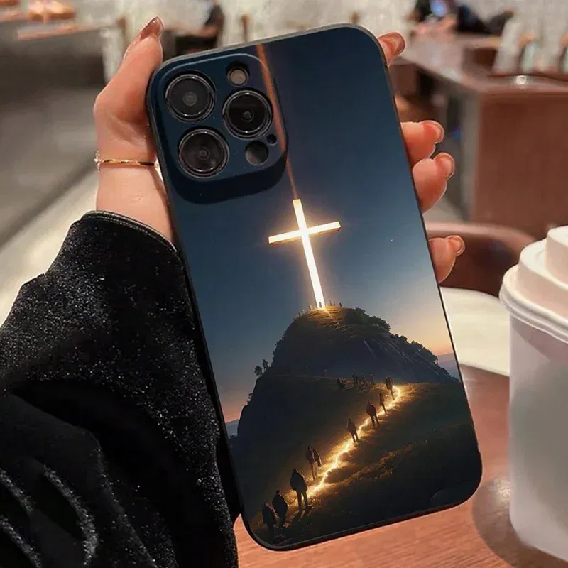 Color: black, Compatible-Phone Models: For iPhone 16 Pro - Jesus Cross Painted Phone Case For iPhone 16 15 14 13 12 11 Pro Max XS X XR 7 8 Plus Mini SE 2020 2022
