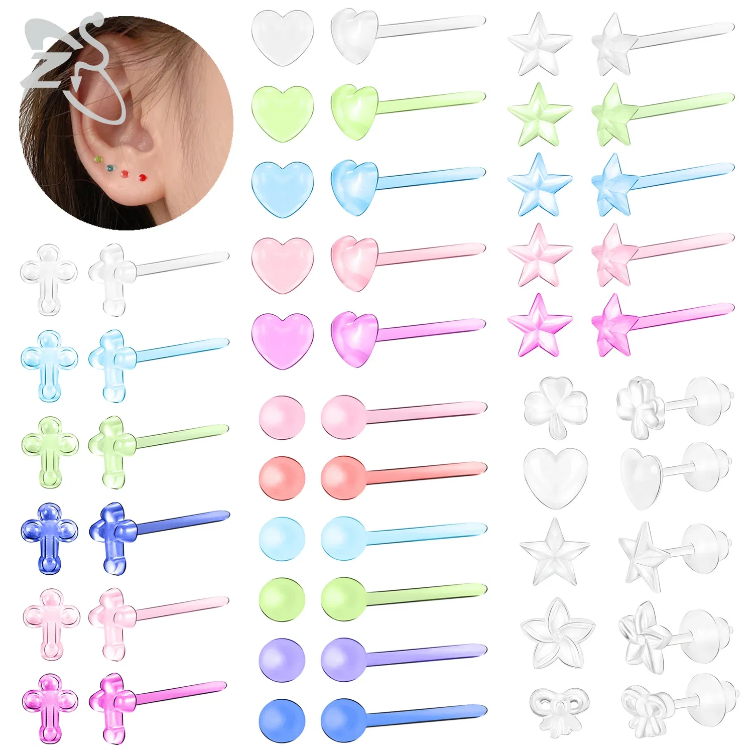 Metal Color: Antique Gold Plated - ZS 10-50pcs/lot Colorful Acrylic Stud Earring Invisible Transparent Anti-allergy Ear Pin 20G Star Ball Curing Ear Hole Retainer - Image 2