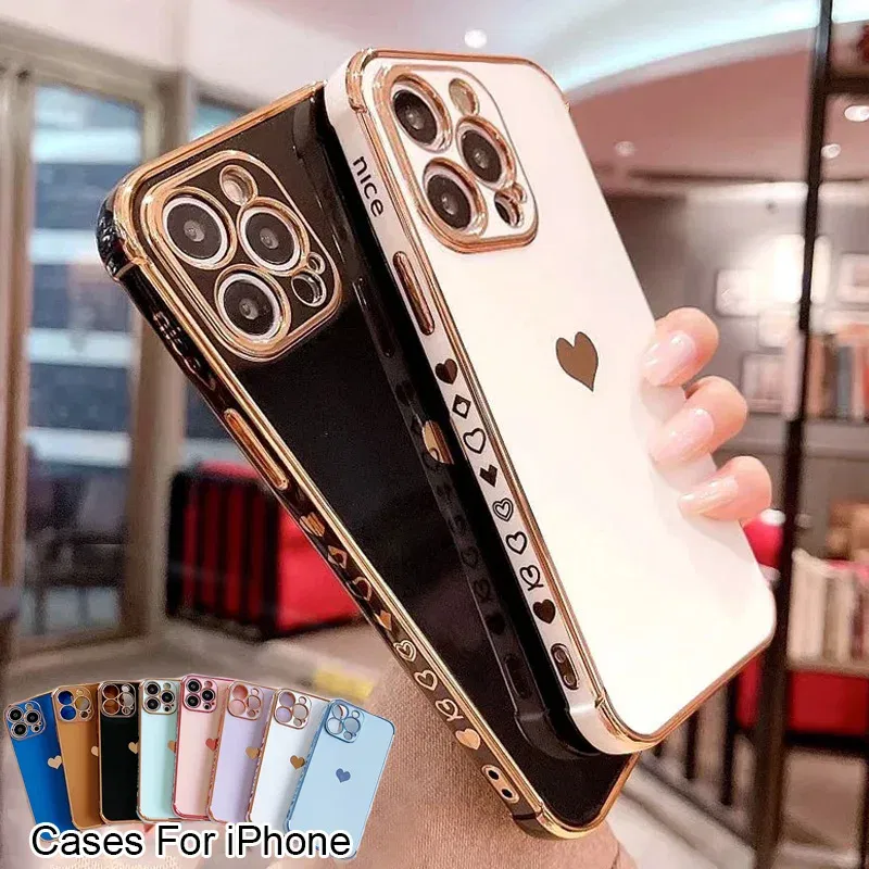 Color: green, Compatible-Phone Models: For iPhone 13 Mini, Ships From: CN - Electroplating Side Love Heart Phone Case For IPhone 17 16 15 14 13 12 11 Pro Max XR 8 Plus SE2/SE3 Shockproof Back Cover - Image 2