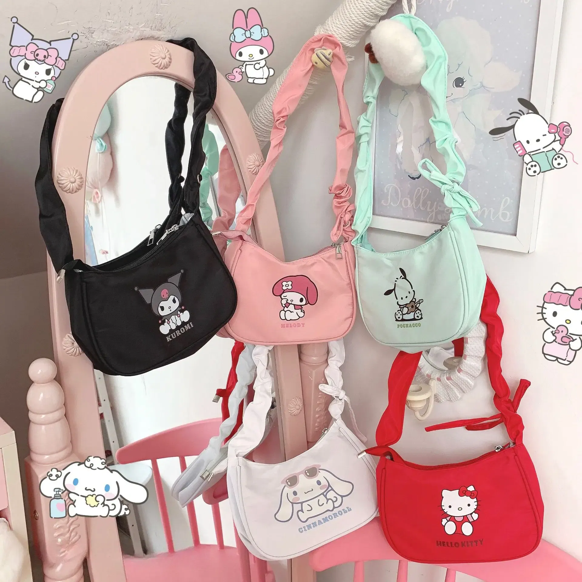 Color: Beige, Size: Extra Large - Sanrio Hellokitty Kuromi Cinnamorol Mymelody Pochacco Armpit Bag Kawaii Shoulder Bag Casual Allmatch Tote Women Commuter Handbag - Image 2