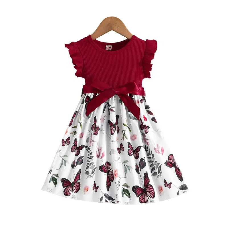 Color: Red, Kid Size: 7T - Set For Kids  Girl 3-7 Years old Ruffled Sleeve Butterfly Floral Tulle Cute Princess Formal Dresses with Belt Ootd For Baby Girl
