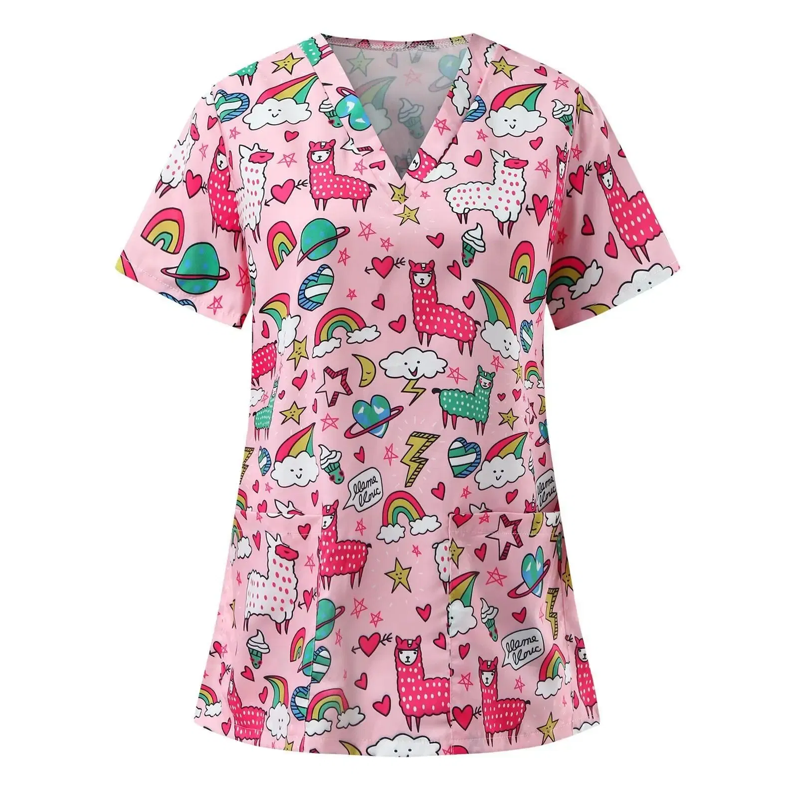 Color: Gold, Size: XXL - Women Working Uniform Animal Print Cartoon Cat Dog Short Sleeve V-neck Tops Femme Blouse Nurse work wear Medical Uniforms