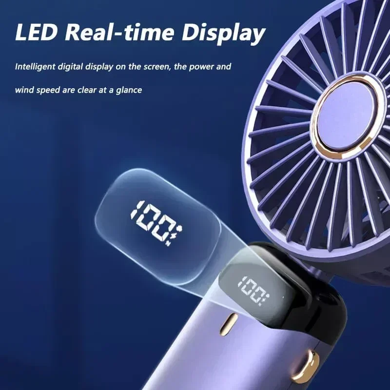 Color: Dark Green - Handheld Mini Fan 3000mAh Foldable Portable Neck Hanging Fans 5 Speed USB Rechargeable Fan with Phone Stand and Display Screen - Image 3