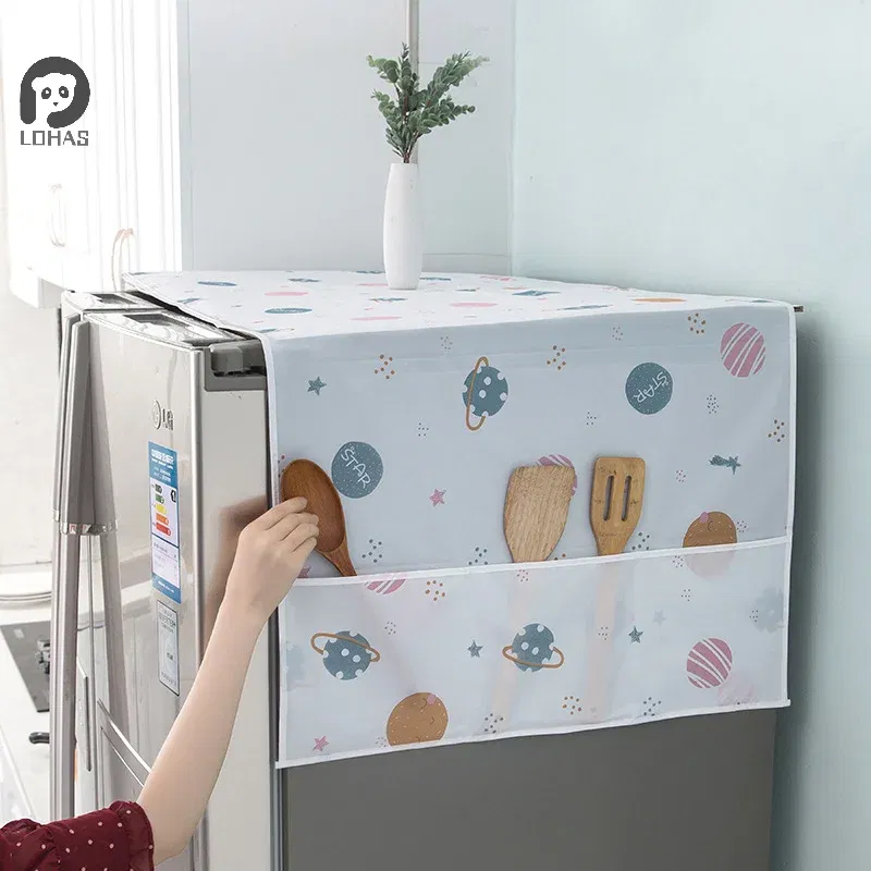 Color: Light Grey - Refrigerator Dust Cover With Storage Bag Washable Multi-purpose Household Washing Machine Cabinet Dust Protection Cover - Image 3
