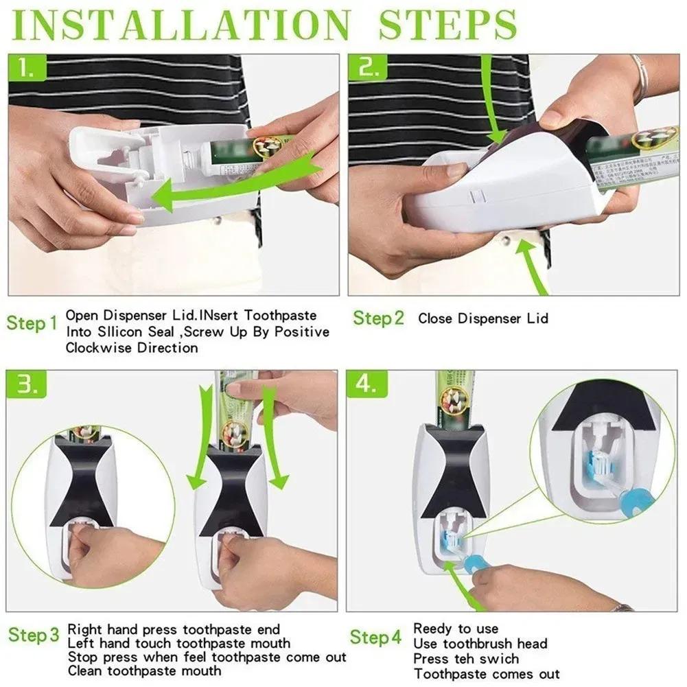 Color: green, Ships From: CHINA - Toothbrush Holder Automatic Toothpaste Dispenser Set Dustproof Sticky Suction Wall Mounted Toothpaste Squeezer Bathroom Holder - Image 5