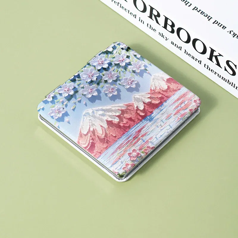 Color: Green - Oil Painting Makeup Mirror 2X Magnifying Cosmetic Mirror Portable Women Folding Double-Sided Small Mirror Beauty Tools