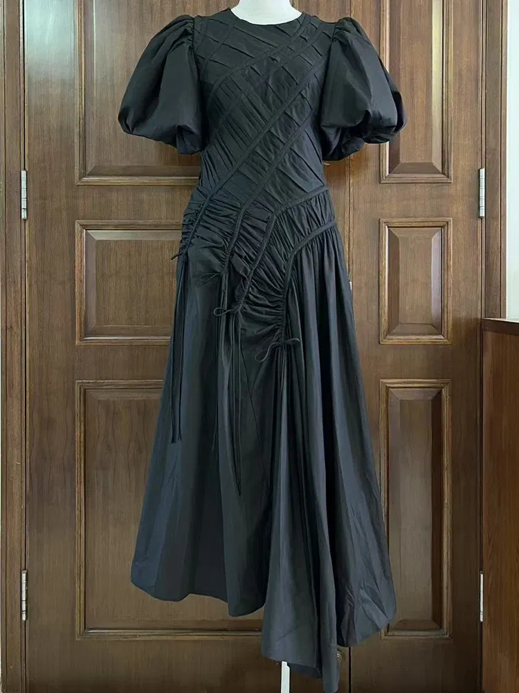 Color: WHITE, Size: XL - 2025 summer women's new round neck lantern short sleeve irregular stitching drawstring dress slim dinner temperament long dress