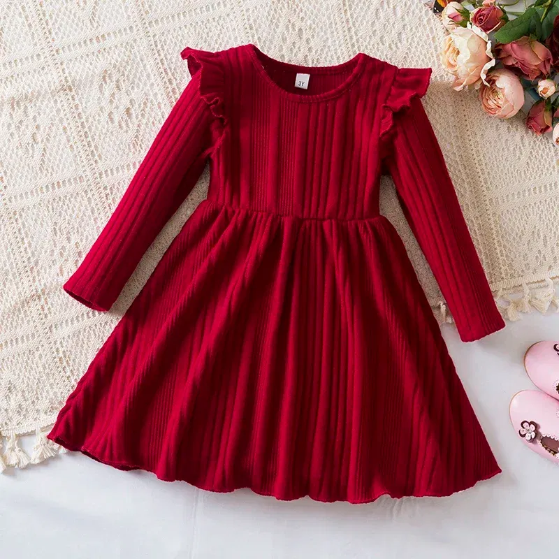 Color: GRAY, Kid Size: 8 - Autumn and Winter Girls Knitted Sweater Dress Solid Color Soft Long Sleeve Dress Children Christmas Costume Birthday Casual Wear 3