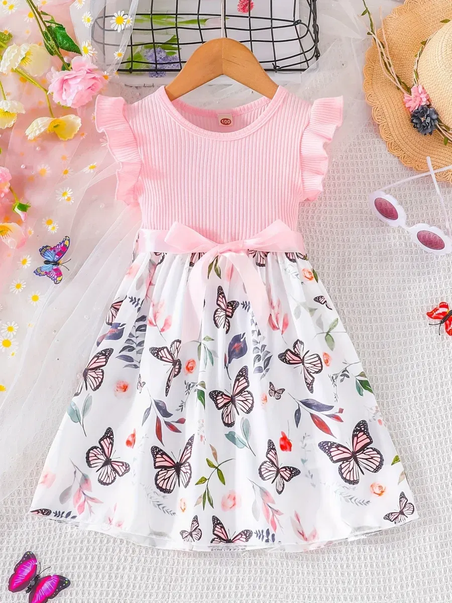Color: Pink, Kid Size: 7T - Set For Kids  Girl 3-7 Years old Ruffled Sleeve Butterfly Floral Tulle Cute Princess Formal Dresses with Belt Ootd For Baby Girl