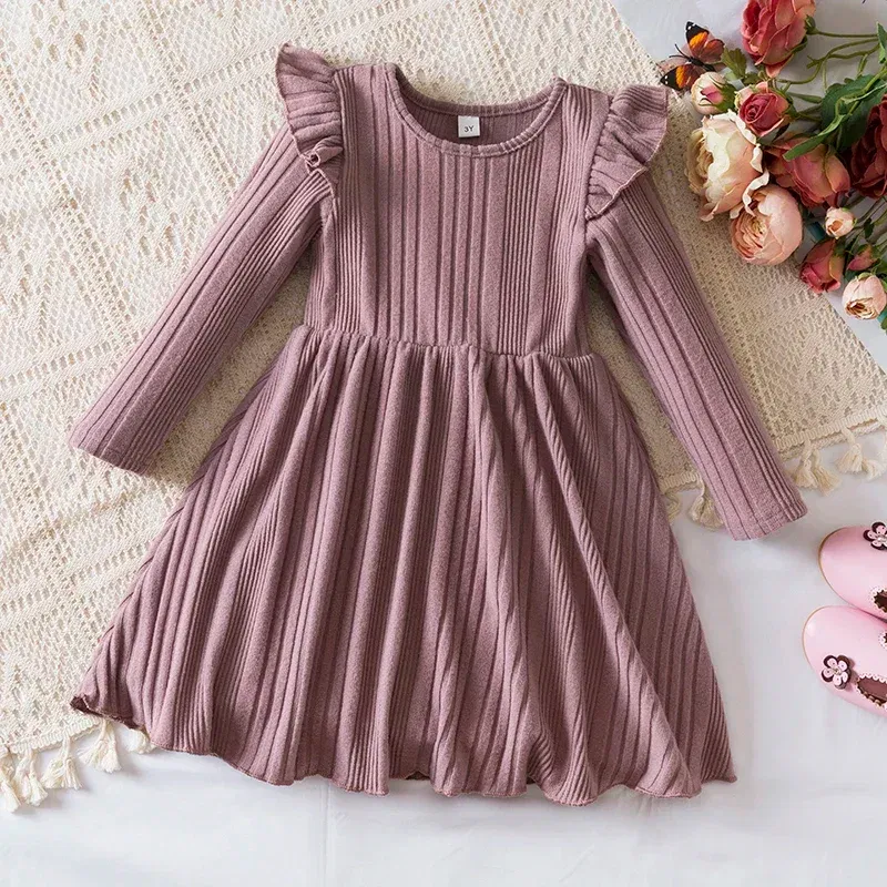 Color: GRAY, Kid Size: 8 - Autumn and Winter Girls Knitted Sweater Dress Solid Color Soft Long Sleeve Dress Children Christmas Costume Birthday Casual Wear 4