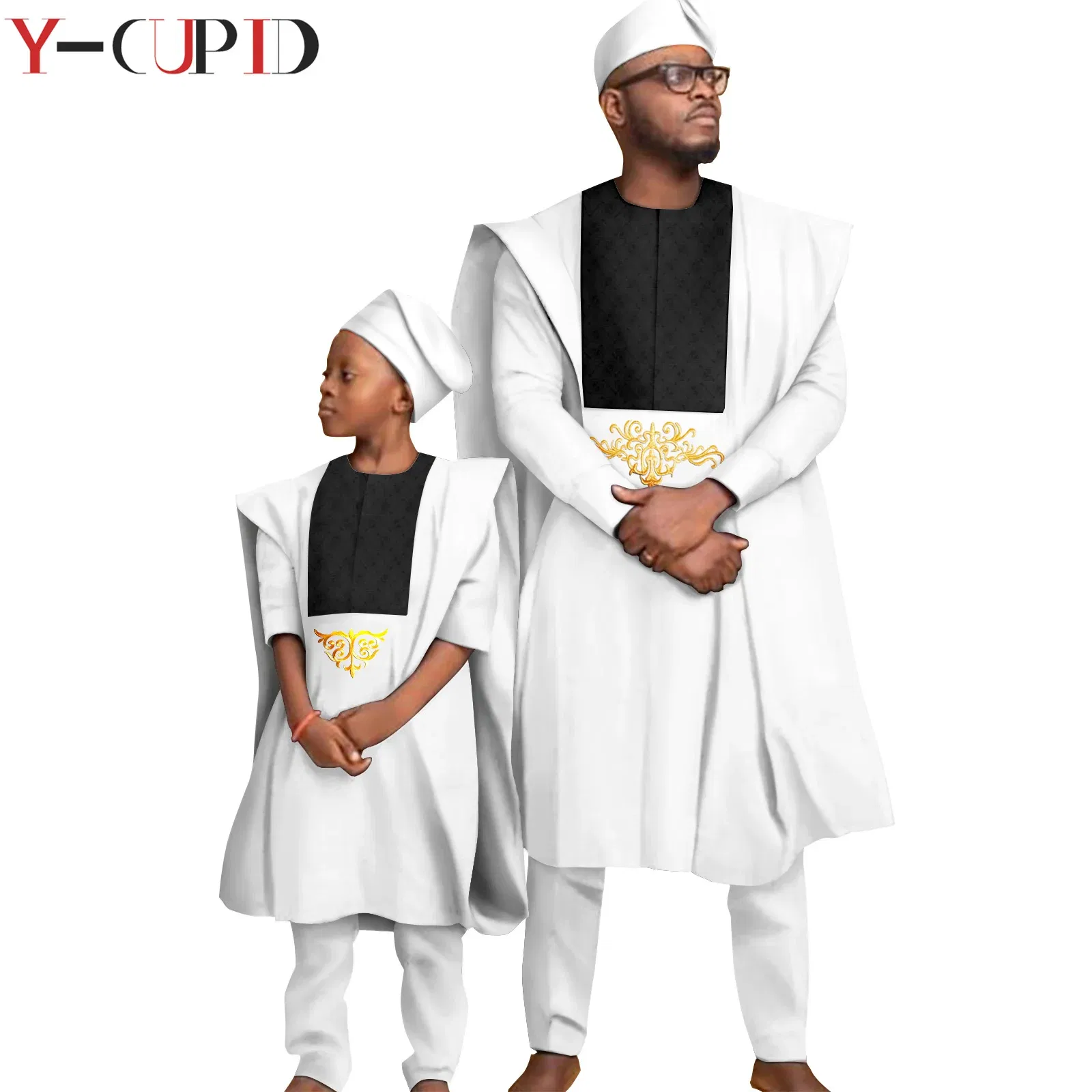 Color: MULTI, Size: Mother 6XL - African Clothes for Men Top Pants Robes Hat Sets Match Kid Boy Sets Dashiki Father and Son Bazin Riche Family Outfits Y20F001 - Image 6