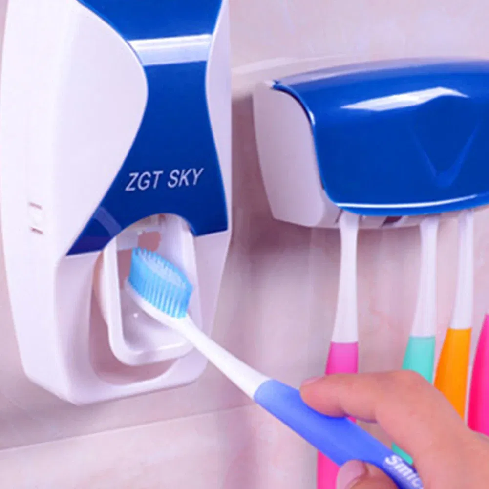 Color: green, Ships From: CHINA - Toothbrush Holder Automatic Toothpaste Dispenser Set Dustproof Sticky Suction Wall Mounted Toothpaste Squeezer Bathroom Holder - Image 2