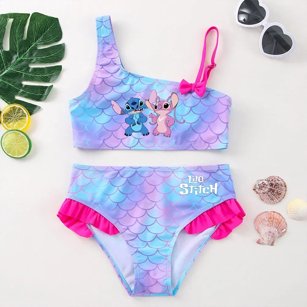 Color: Mixed Color, Size: M - Lilo Stitch Girls Swimsuit One-Piece Bathing Suits Kids Wear Fashion Mermaid Fish Children's Dresses Summer Swimwear Beach Suit