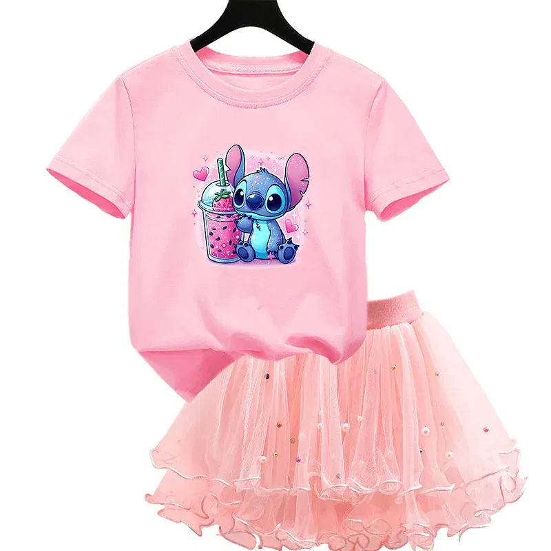 Color: Pink, Kid Size: 4T - 2pcs Lilo Stitch Summer Girls Outfits Cartoon T-shirt and Tutu Skirt Princess Clothes Suit Children Birthday Clothing Sets - Image 2