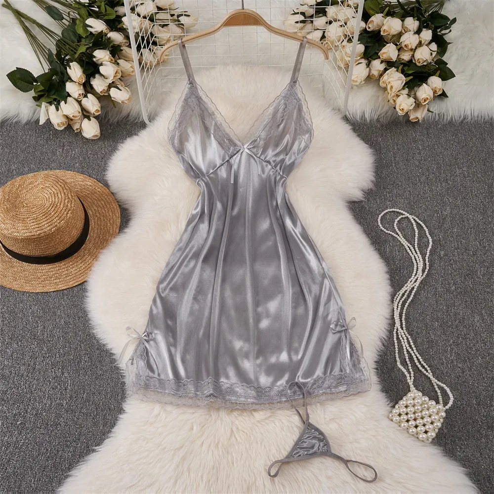 Color: Dark Grey, Size: L - Sexy Women Night Dress Sleeveless Backless Porno Pajamas Floral Lace Erotic Nightwears+Thongs Satin Short Transparent Dresses