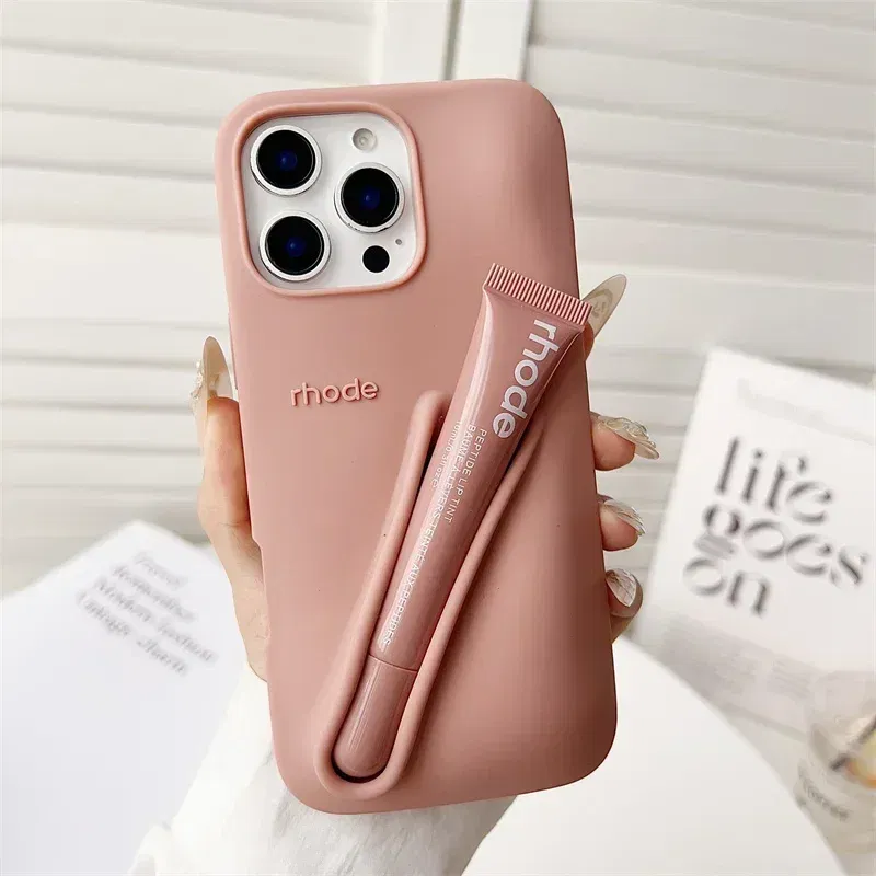 Color: Beige, Bundle: Bundle1, Material: POLYESTER - Phone Case For iPhone 12 13 14 15 16 Pro Max Plus 17 Air Portable Lip Gloss Holder Lipstick Silicone Soft Bumper Cover Lip Glaze - Image 6