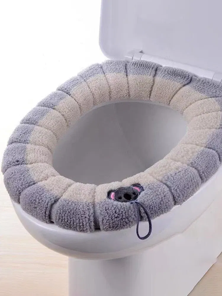 Color: Light Grey - 1 Pack Stitched Color Portable Knitted Toilet Mat Thickened Washable Antifreeze Toilet Cover Thickened Knitted O Type Universal