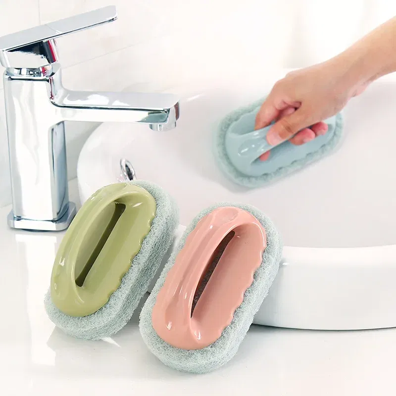 Color: Blue - Sponge Brush Glass Wall Cleaning Tools Kitchen Cleaning Bathroom Toilet Gadget Handle Ceramic Window Slot Clean Brush