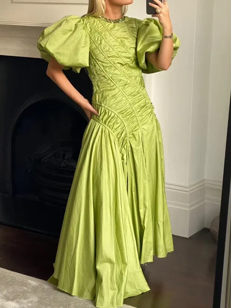 Color: WHITE, Size: XL - 2025 summer women's new round neck lantern short sleeve irregular stitching drawstring dress slim dinner temperament long dress