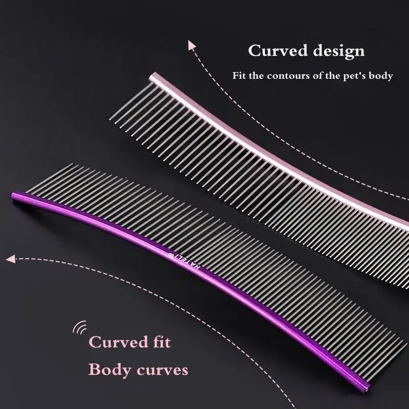 Color: PURPLE, Size: XS - Pet Curved Comb Stainless Steel Combs Professional Pet Grooming Comb Dense Sparse Teeth Dog Cat Cleaning Brush Open Knot Comb - Image 2