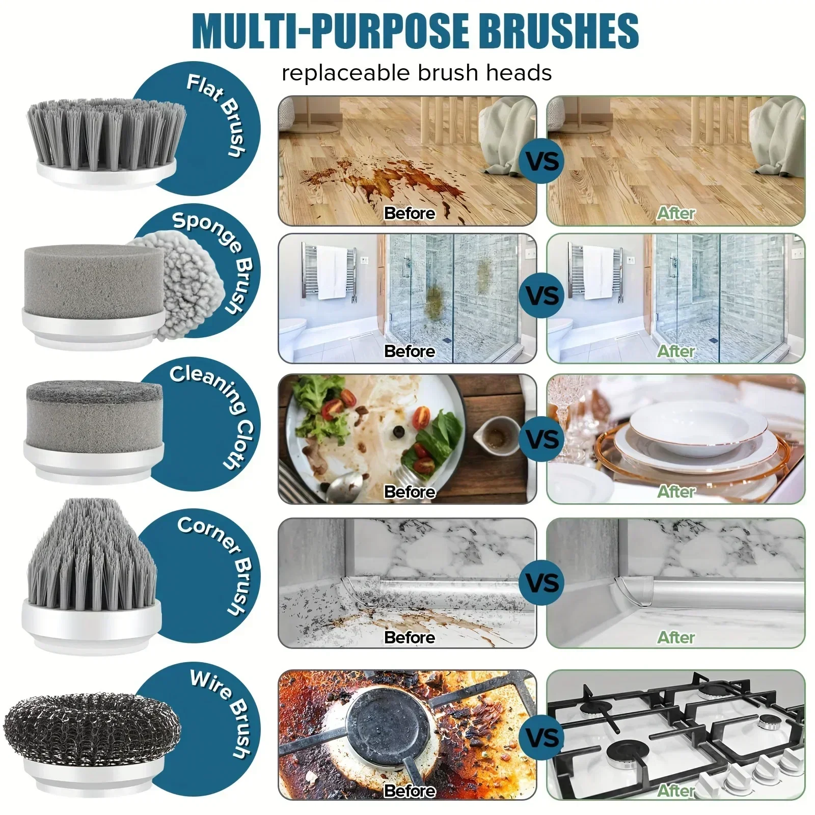 Electric Spin Scrubber Cordless Spin Scrubber with 6 Replaceable Brush Heads Electric Cleaning Brush Cleaning Tools - Image 4